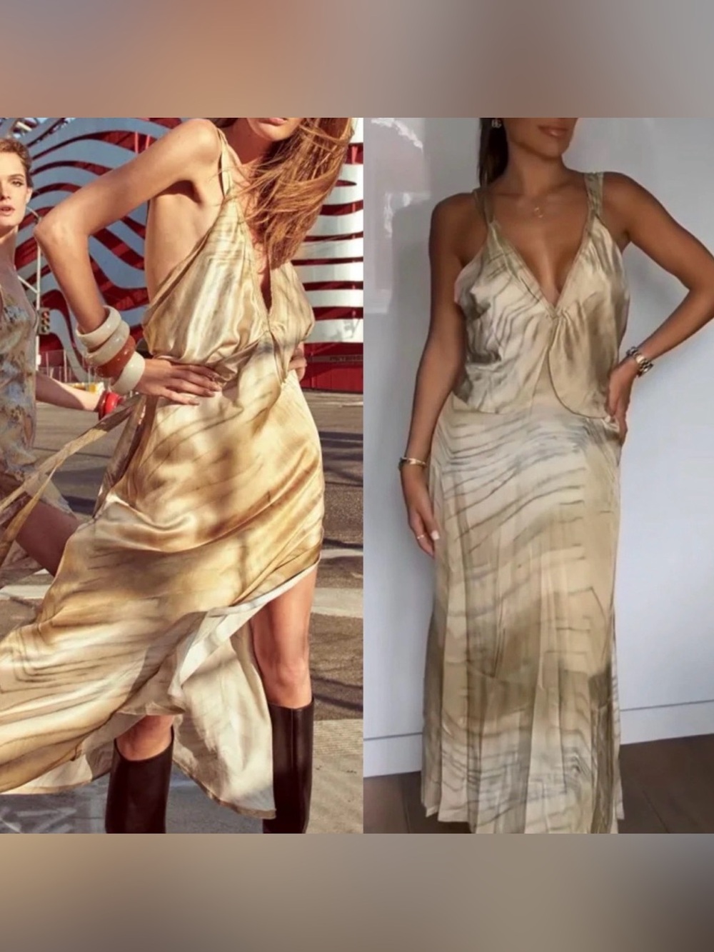 Zara ZW Collection Boho Satin Draped Maxi Dress in Beige Earth-tones Size Small